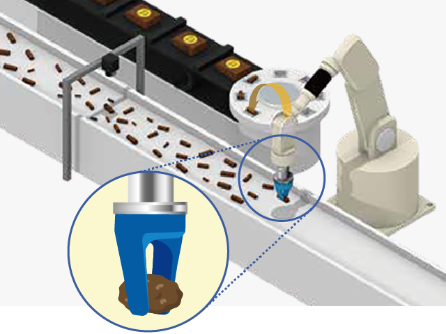 ソフトハンドリング用ロボットハンドSOFTmatics™がサイズや形のバラつきがあるチョコのような食材をピッキングするイメージ